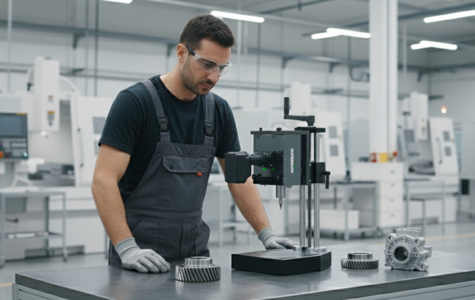 Man standing in front of the Datamark MOBILE Combo Stand marking system