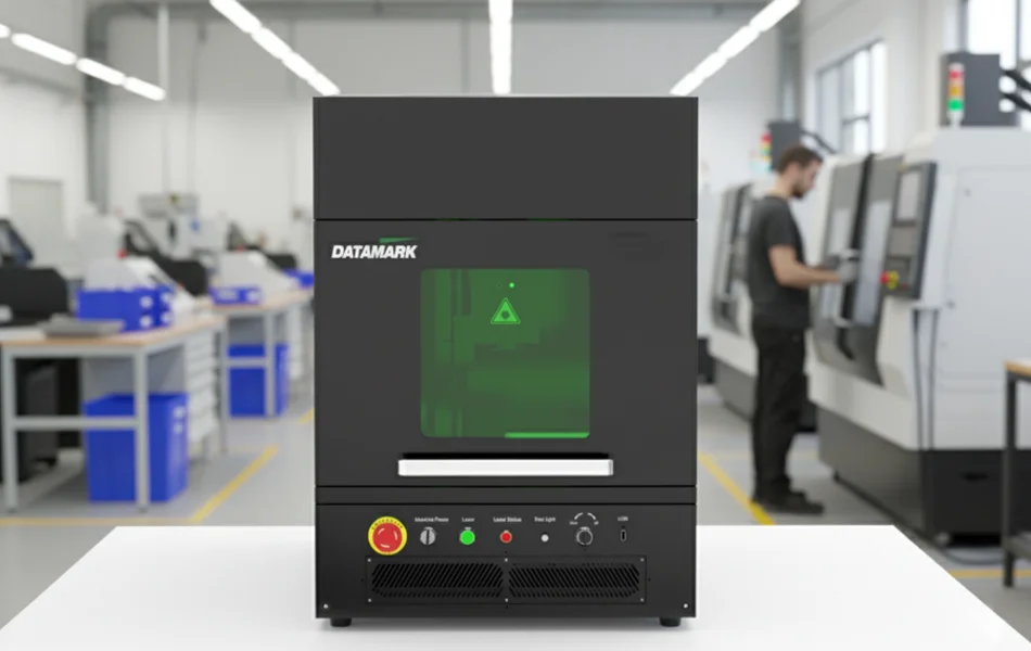 Large industrial fiber laser enclosure marking parts on the factory floor