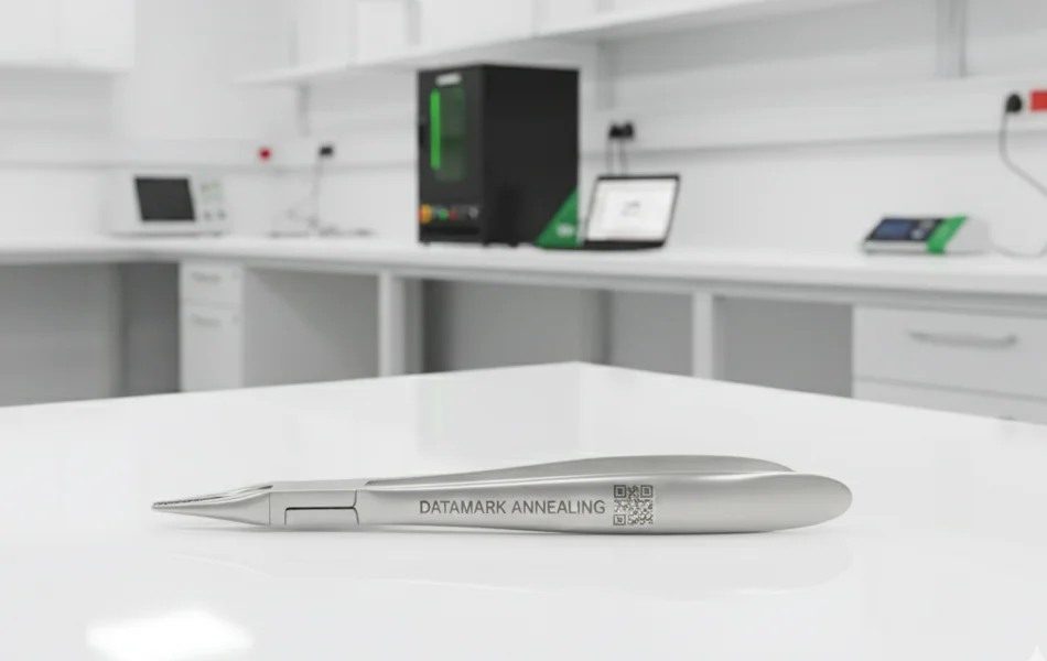 Surgical instrument permanently laser marked inside Datamark XS+ Class 1 laser enclosure for medical traceability