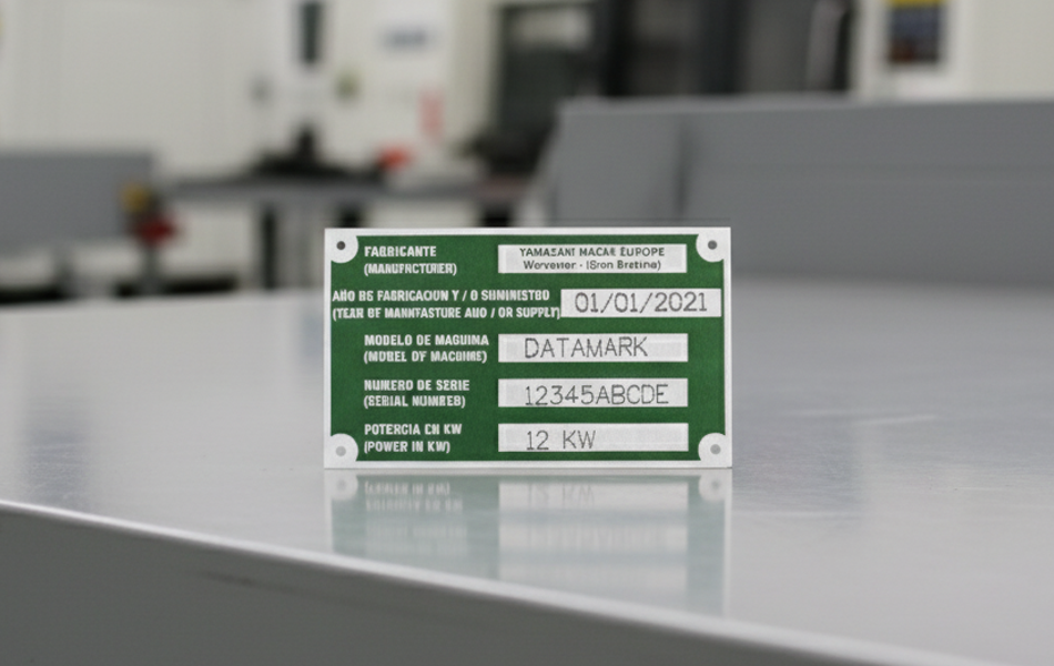 Metal nameplate permanently marked with a dot peen marking machine for industrial identification.