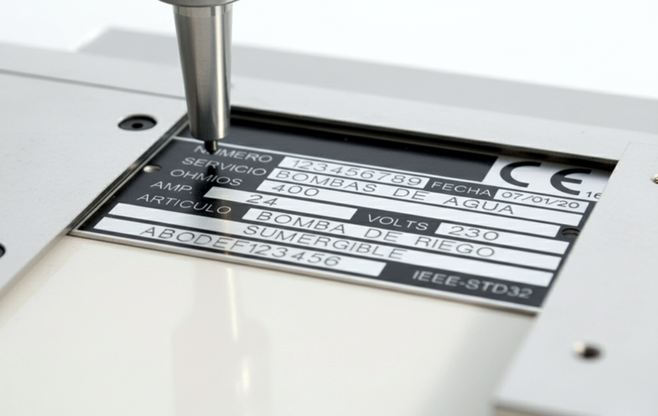 Metal nameplate marked with a Datamark dot peen marking system