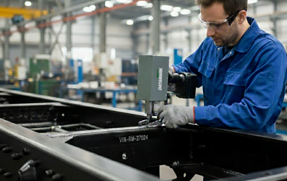 Automotive technician marking vehicle identification number (VIN) on car chassis using industrial marking equipment for manufacturing traceability and vehicle compliance.