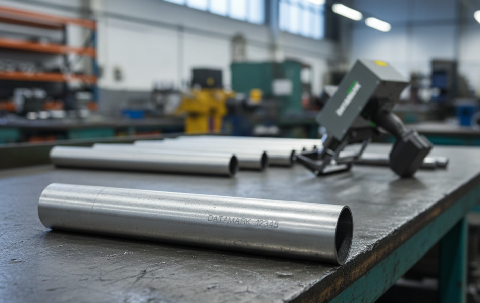 Portable dot peen marker in action behind a permanently marked industrial tube for UK manufacturing traceability