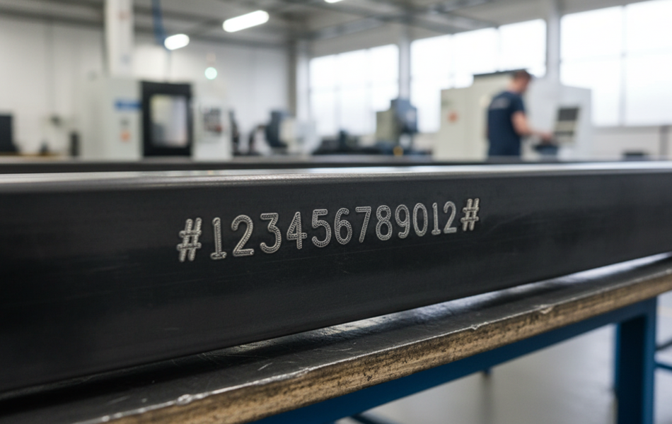 Deep vehicle identification number (VIN) dot peen marking on steel beam for automotive traceability and industrial compliance.