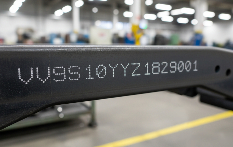 Vehicle identification number (VIN) being permanently marked on a car chassis using an industrial marking machine.